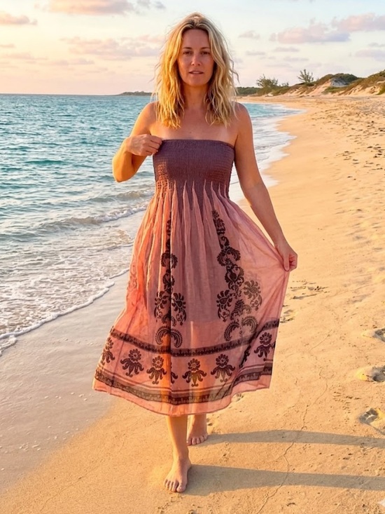 Lapis Dresses & Skirts - Lapis Boho Fairy Midi Dress  bronze Shimmery Print Smocked One Size